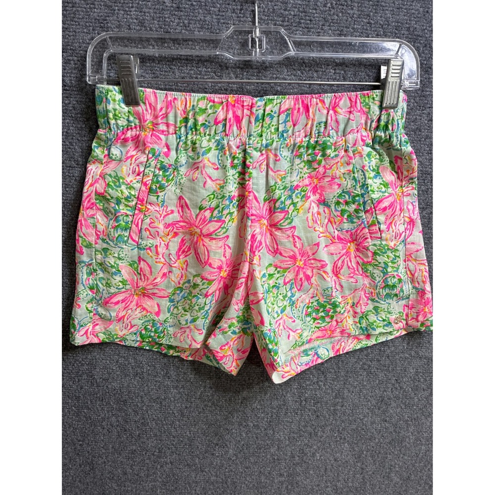 Lilly Pulitzer XXS Pink Green Floral Linen Pull On Shorts Elastic Waist 3 Inseam